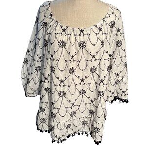 Style & Co Boho Embroidered Peasant Top White Black Pom Pom Trim Blouse